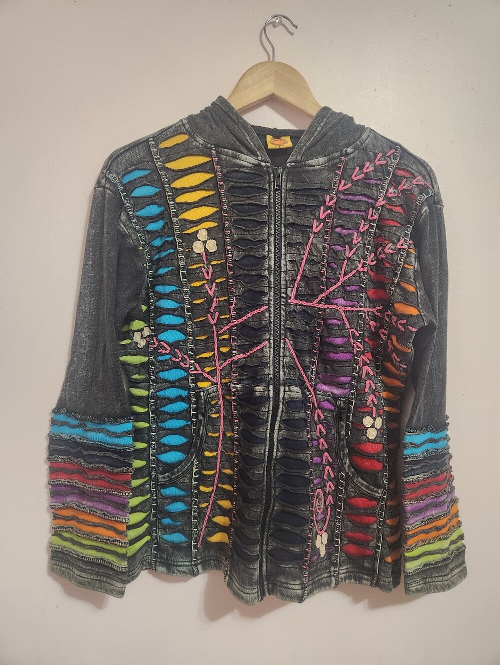Karma Circle USA Boho Rainbow Slash Cutout Patchwork Embroidered Zip Hoodie L